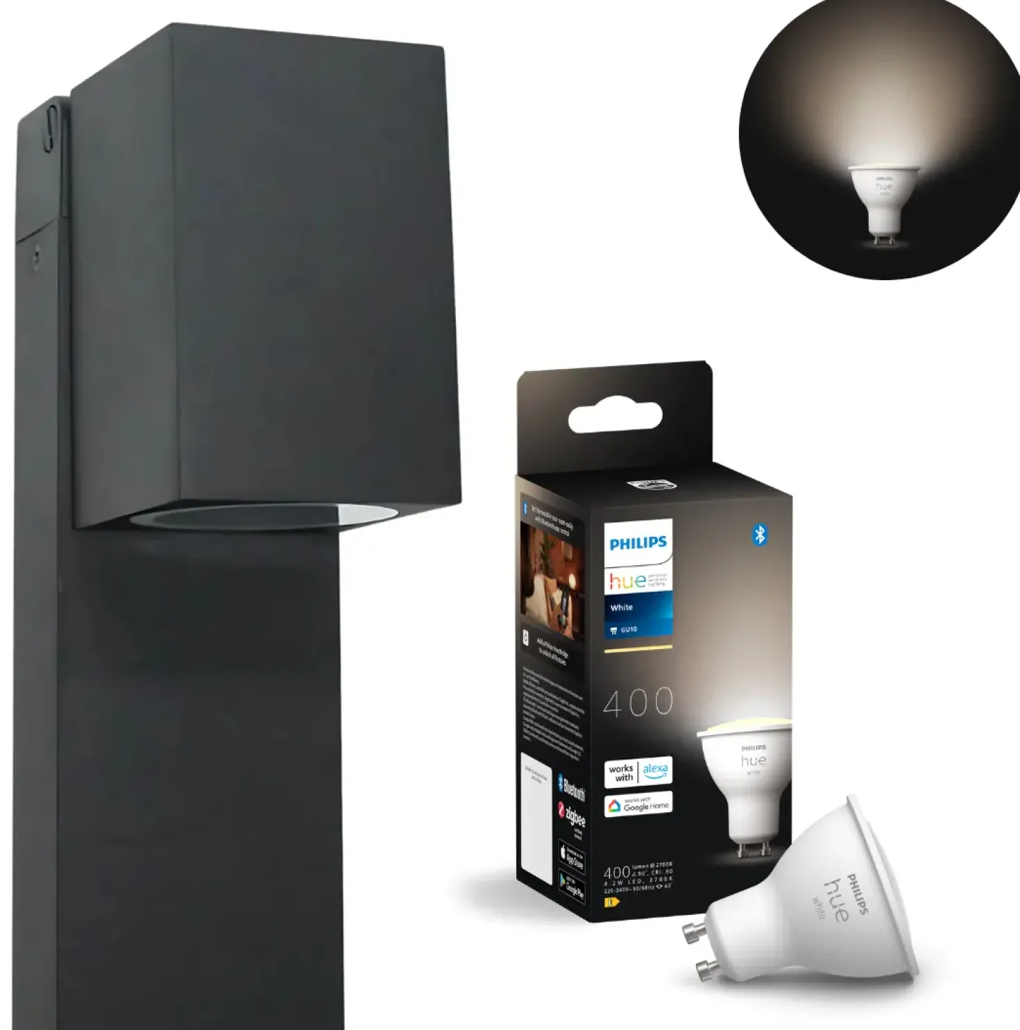 Bedlampe Inkl. Philips Hue1xGu10 | Sort Firkant Spot | Smart Udendørs Havelampe