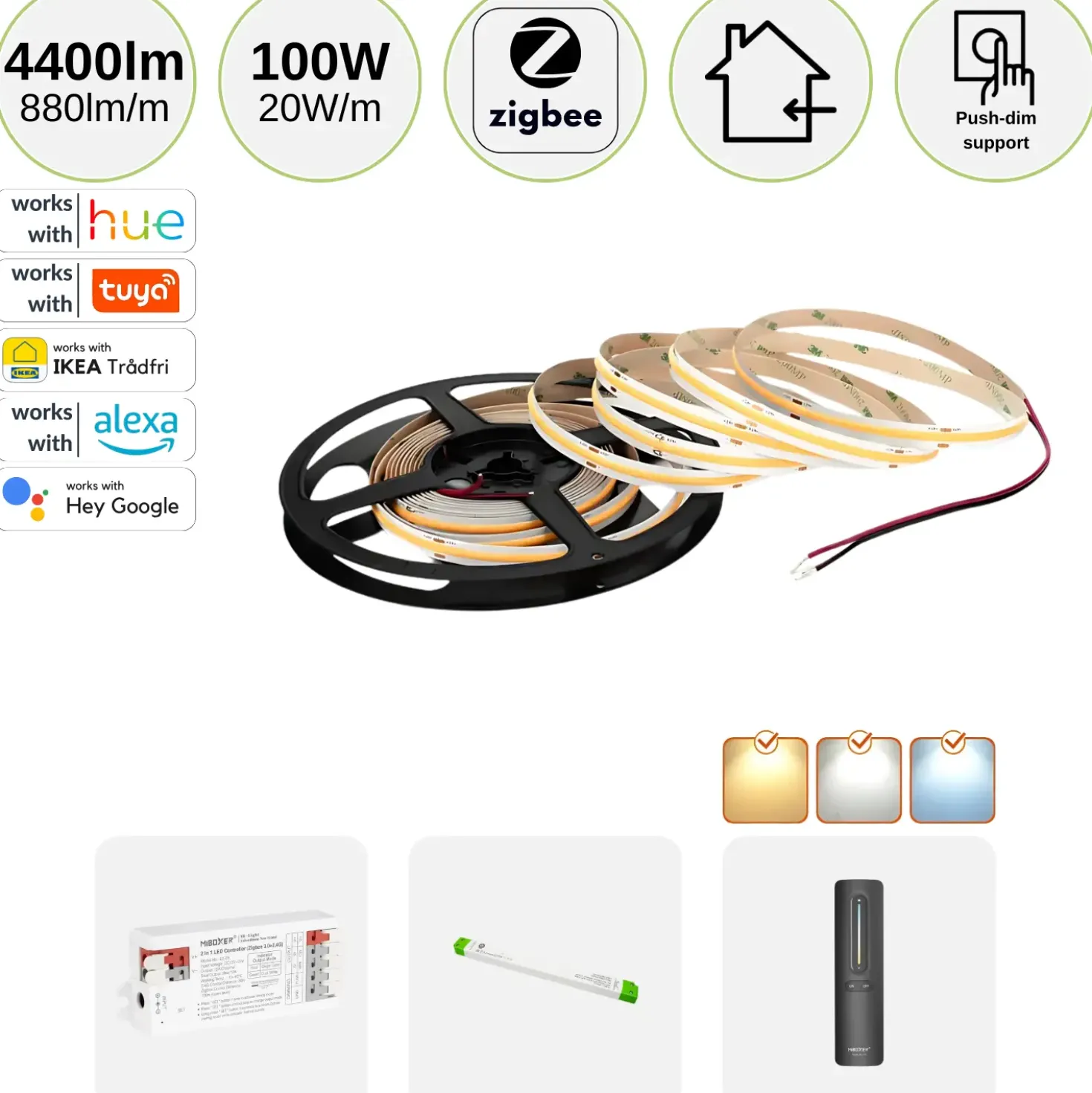 COB LED Strip Sæt | 5m | CCT | Zigbee | 20W/m | 10mm | Inkl. Controller og Fjernbetjening