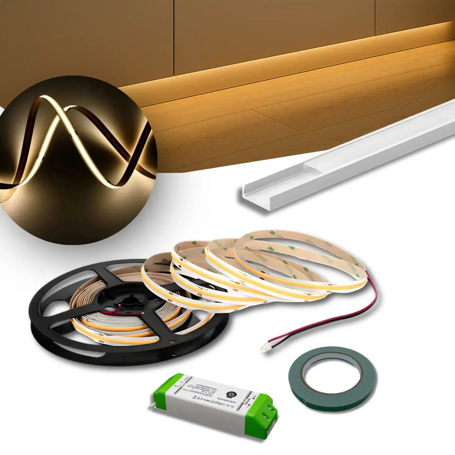 COB LED Strip Sæt | 6m | 3000K | Dæmpbar | 9W/m | 8mm | Inkl. Driver og Profil