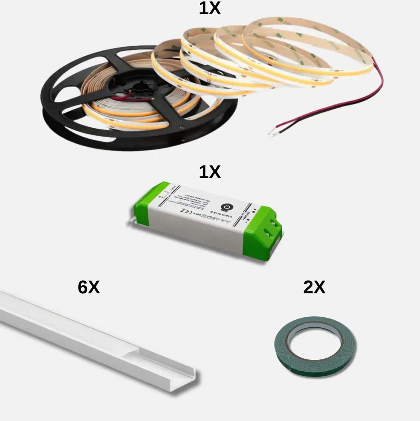 COB LED Strip Sæt | 6m | 3000K | Dæmpbar | 9W/m | 8mm | Inkl. Driver og Profil