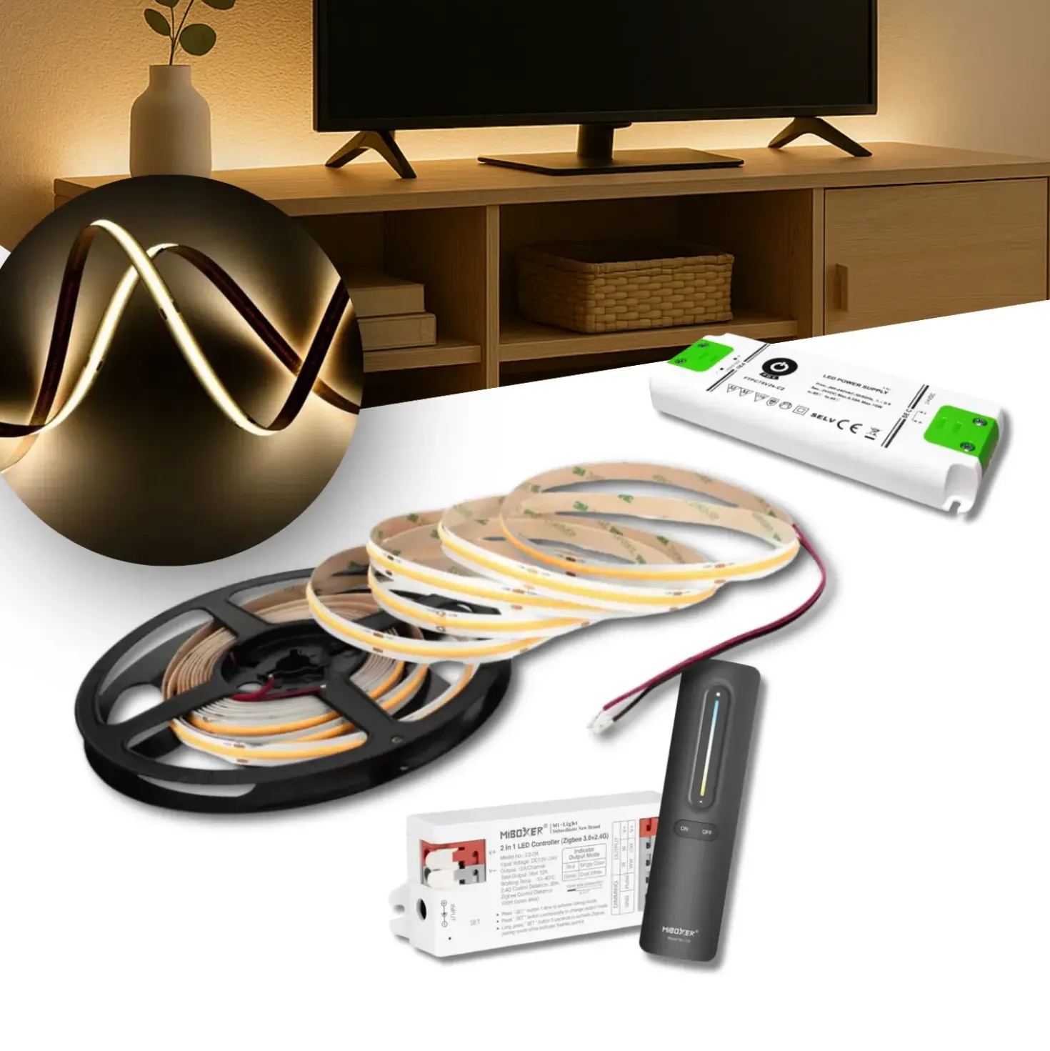 COB LED Strip Sæt | 6m | 3000K | Zigbee | 9W/m | 8mm | Inkl. Controller og Fjernbetjening