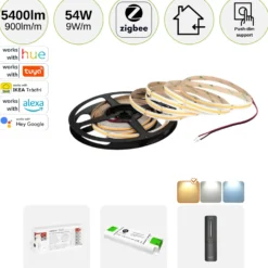 COB LED Strip Sæt | 6m | 3000K | Zigbee | 9W/m | 8mm | Inkl. Controller og Fjernbetjening