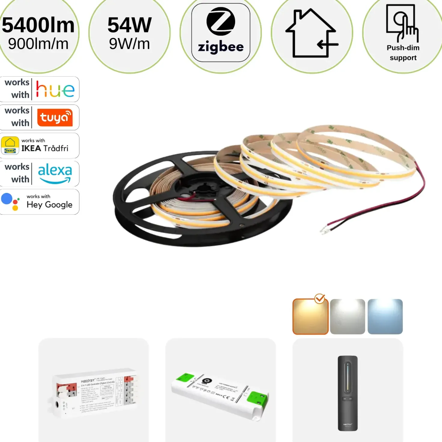COB LED Strip Sæt | 6m | 3000K | Zigbee | 9W/m | 8mm | Inkl. Controller og Fjernbetjening