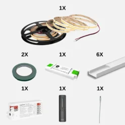 COB LED Strip Sæt | 6m | 3000K | Zigbee | 9W/m | 8mm | Inkl. Controller, Fjernbetjening og Profil