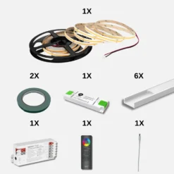 COB LED Strip Sæt | 5m | RGBW | Zigbee | 12W/m | 12mm | Inkl. Controller, Fjernbetjening og Profil