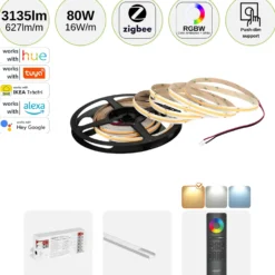 COB LED Strip Sæt | 5m | RGBW | Zigbee | 12W/m | 12mm | Inkl. Controller, Fjernbetjening og Profil