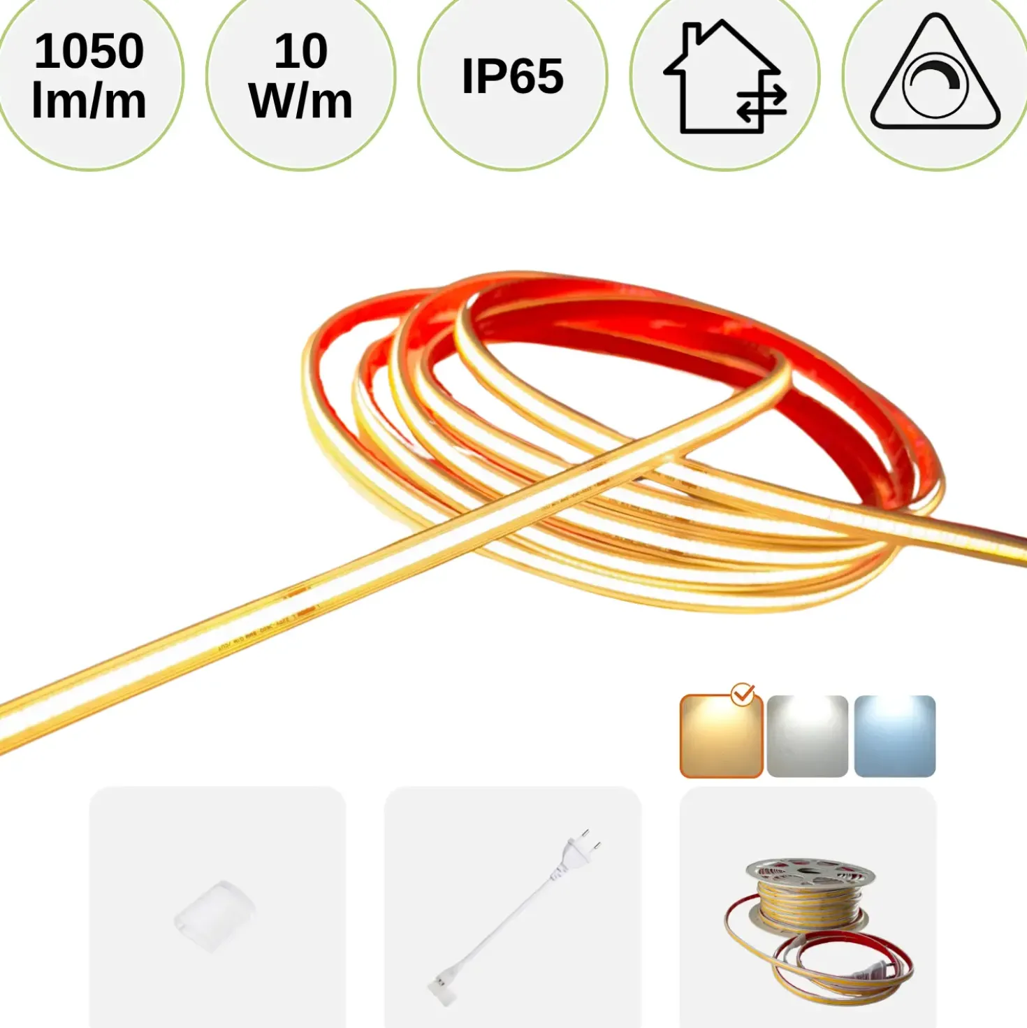 COB LED STRIP 230V | 10m | 3000K | 1050lm/m | 10W/m | IP65 | COB10 G2