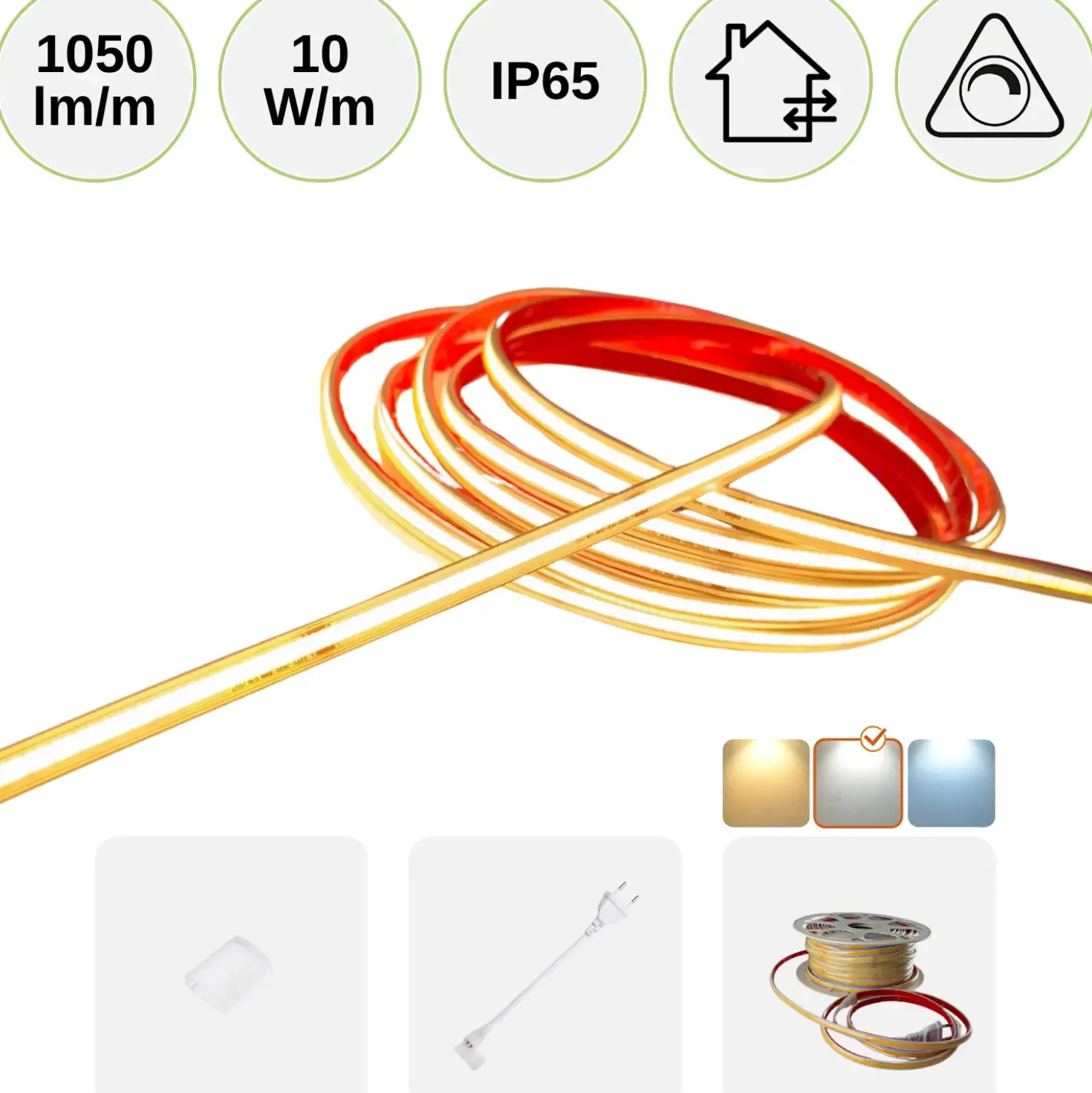 COB LED STRIP 230V | 50m | 4000K | 1050lm/m | 10W/m | IP65 | COB10 G2