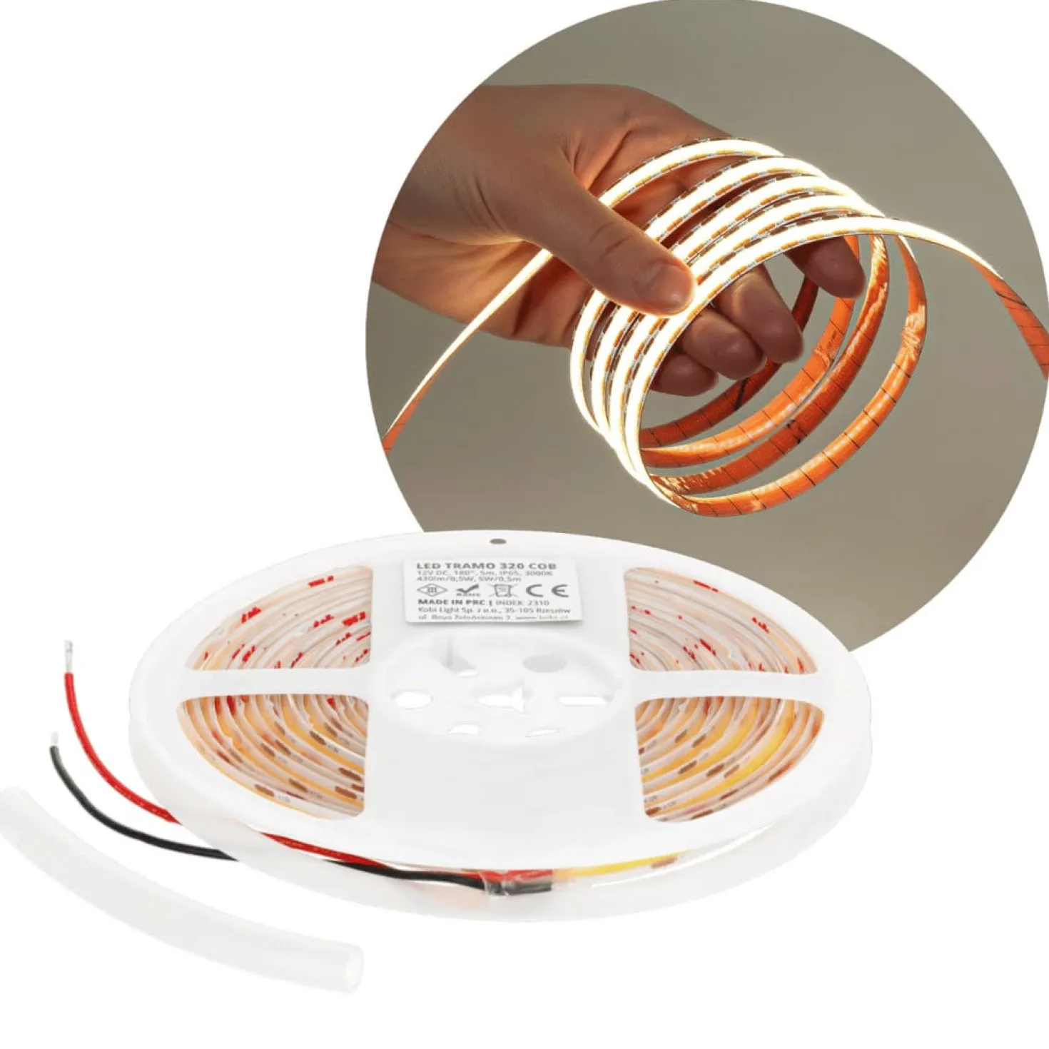 COB LED Strip 12V | 5m | 8mm | 3000K | 860lm/m | 10W/m | IP65