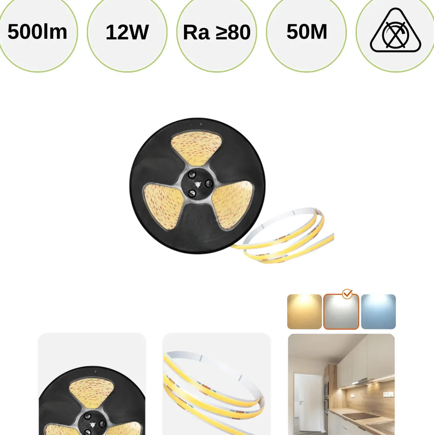 COB LED Strip 12V | 50m | 8mm | 4000K | 1000lm/m | 10W/m | IP20