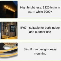 COB LED Strip 24V | 5m | 8mm | 3000K | 1320lm/m | 12W/m | IP67