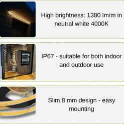 COB LED Strip 24V | 5m | 8mm | 4000K | 1380lm/m | 12W/m | IP67