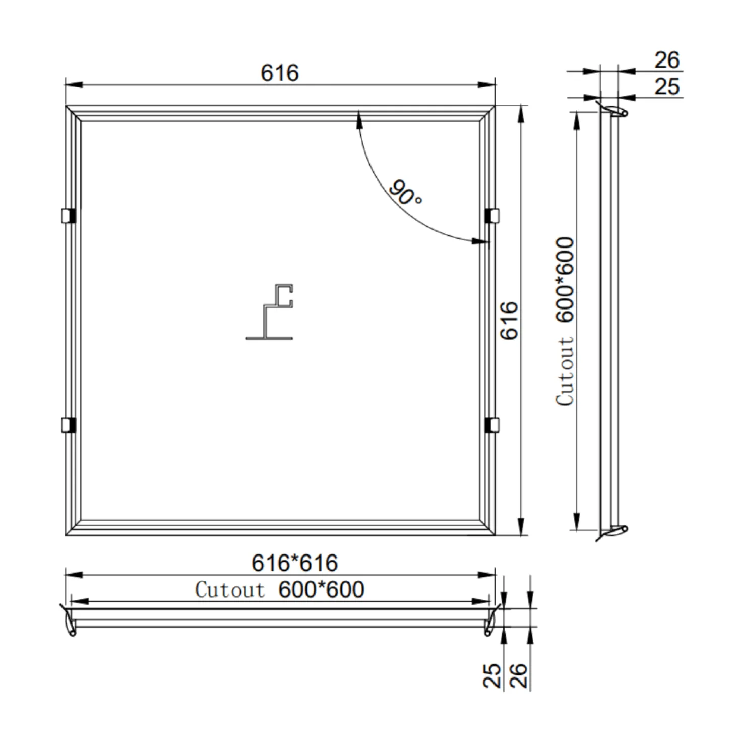 Indbygningsramme til LED Panel 60x60 | 25mm | Klik til Gips & Troldtekt | Hvid