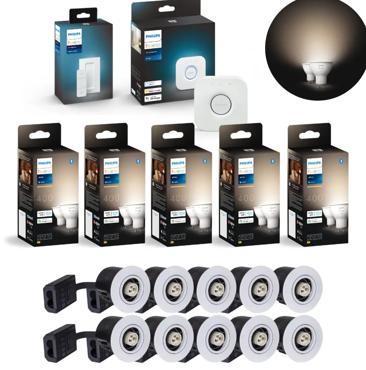 Indbygningsspot Sæt | 10-Pak | Inkl. Philips Hue GU10 | White | 2700K | Bridge + Dimmer | Hvid