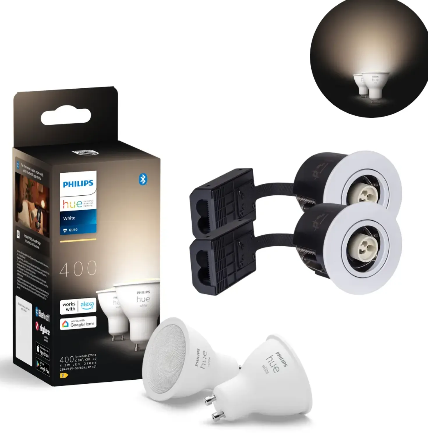 Indbygningsspot Sæt | 2-Pak | Inkl. Philips Hue GU10 | White | 2700K | 400lm | 4,2lm | Hvid