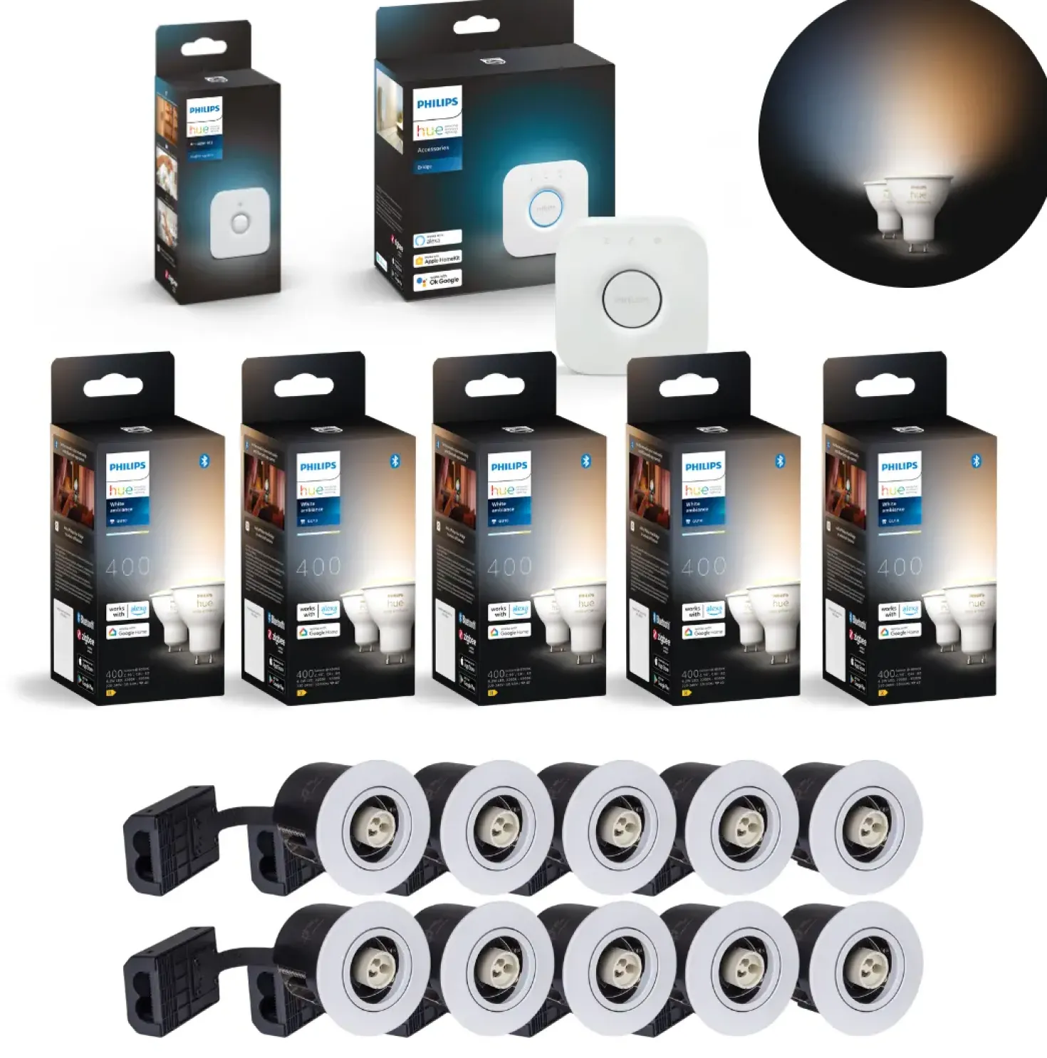 Indbygningsspot Sæt | 10-Pak | Inkl. Philips Hue Gu10 | White Ambiance | Bridge + Sensor | 400lm | 4,2W
