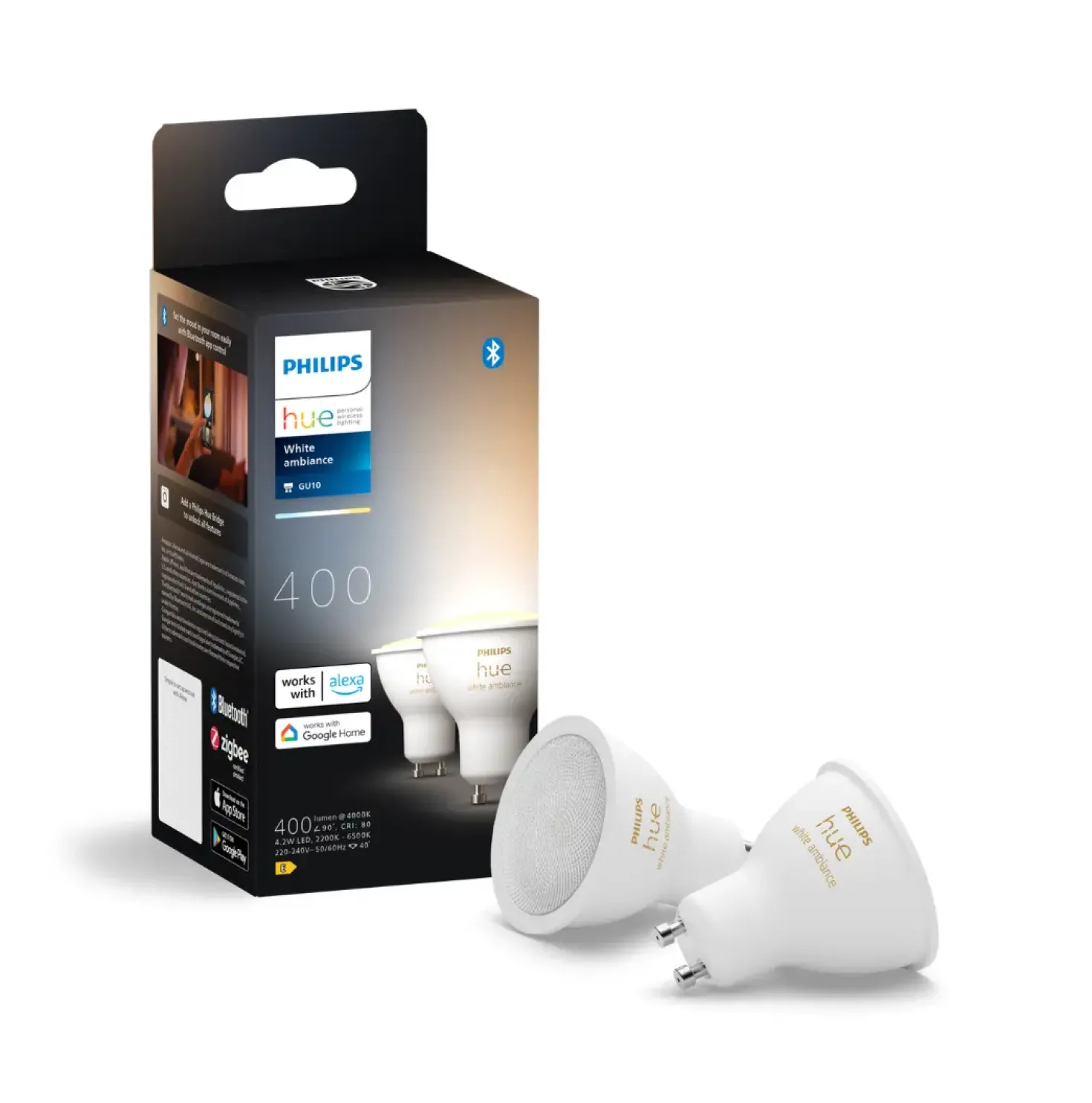 Indbygningsspot Sæt | 10-Pak | Inkl. Philips Hue Gu10 | White Ambiance | Bridge + Switch | 400lm | 4,2W