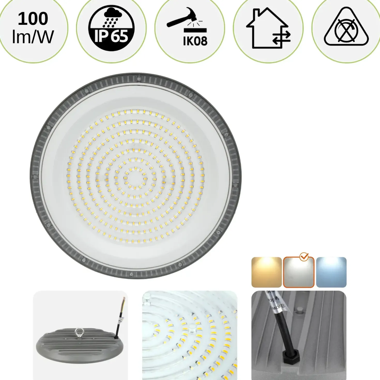 Industrilampe | LED High Bay | 4000K | 20000lm | 200W | SULAN | Grå