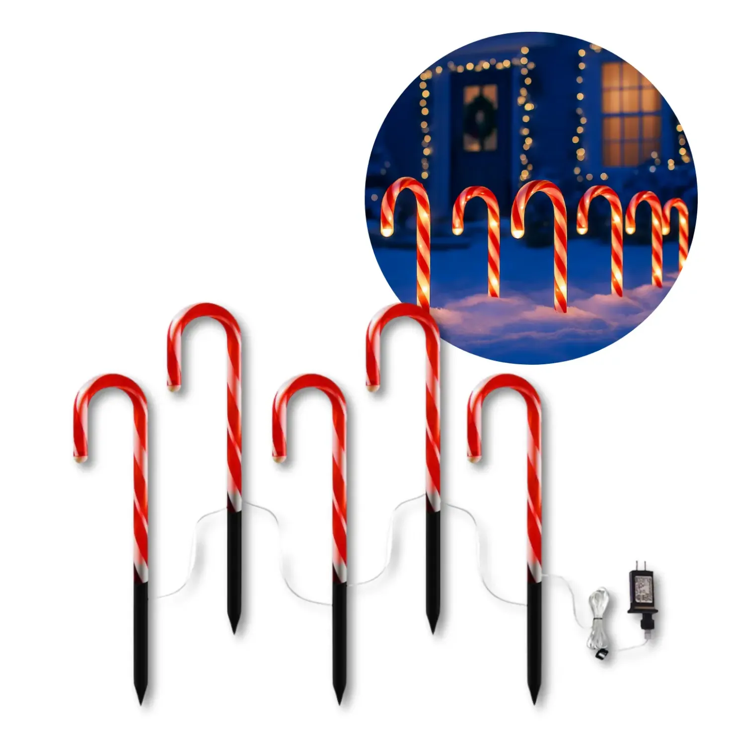 Julestokke med Lys | 5 stk. | 230V | 16lm | 10W | IP44 | Rød/Hvid