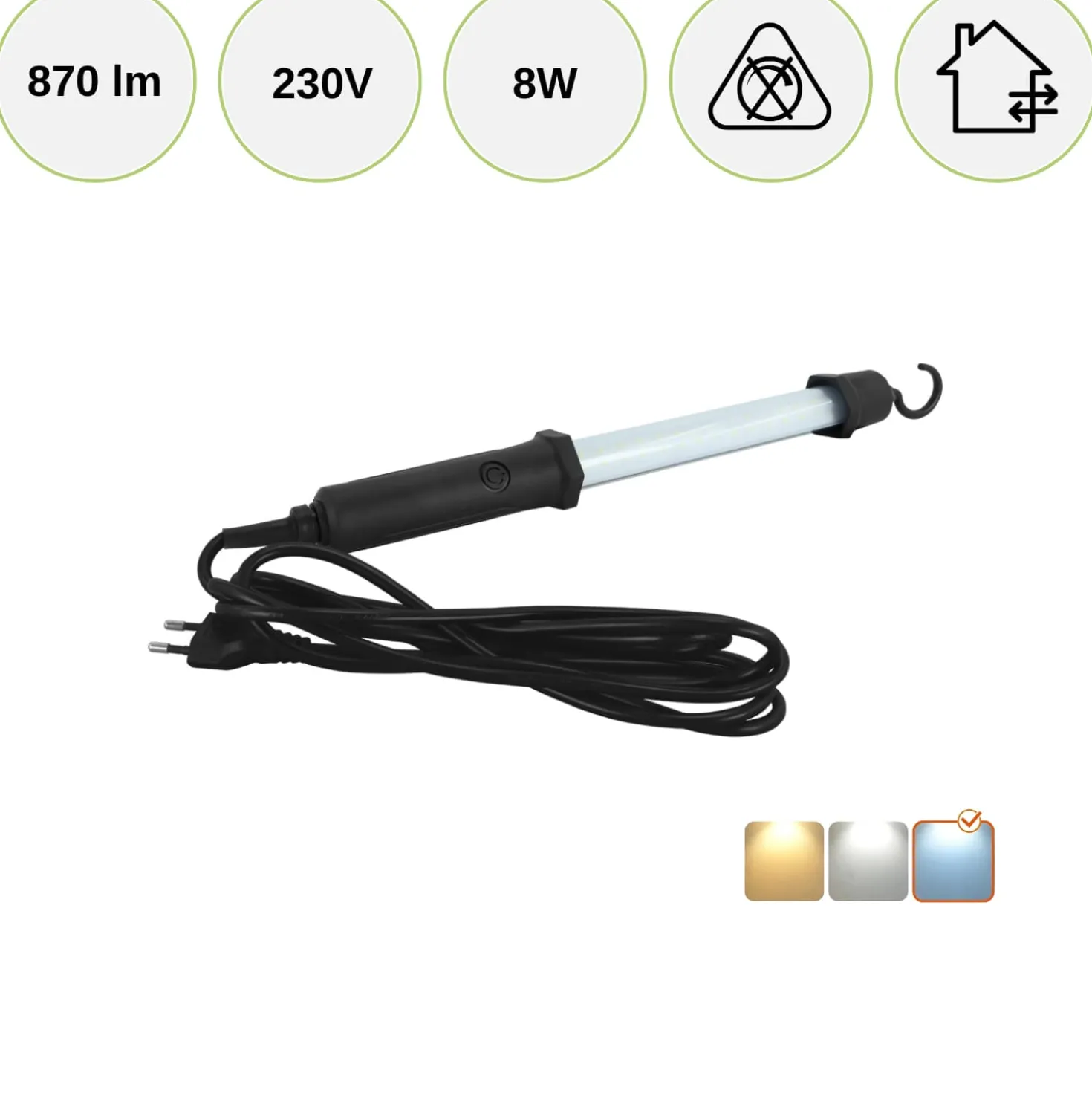 LED Arbejdslampe med krog | 230V | 6500K | 870lm | 8W | WADER