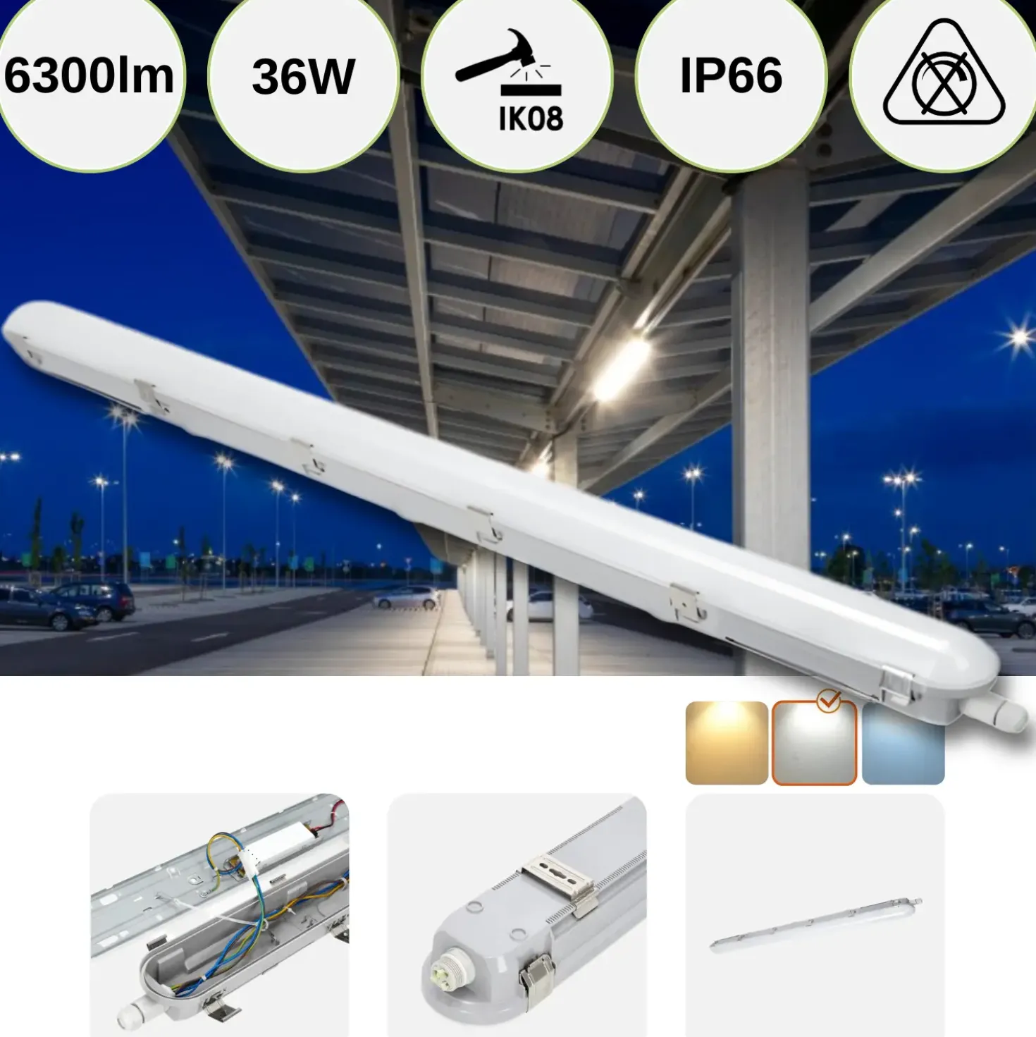 LED Armatur 120cm | 4000K | 6300lm | 36W | IP66 | 175 lm/W | Gennemfortrådet | NEXFORCE N2