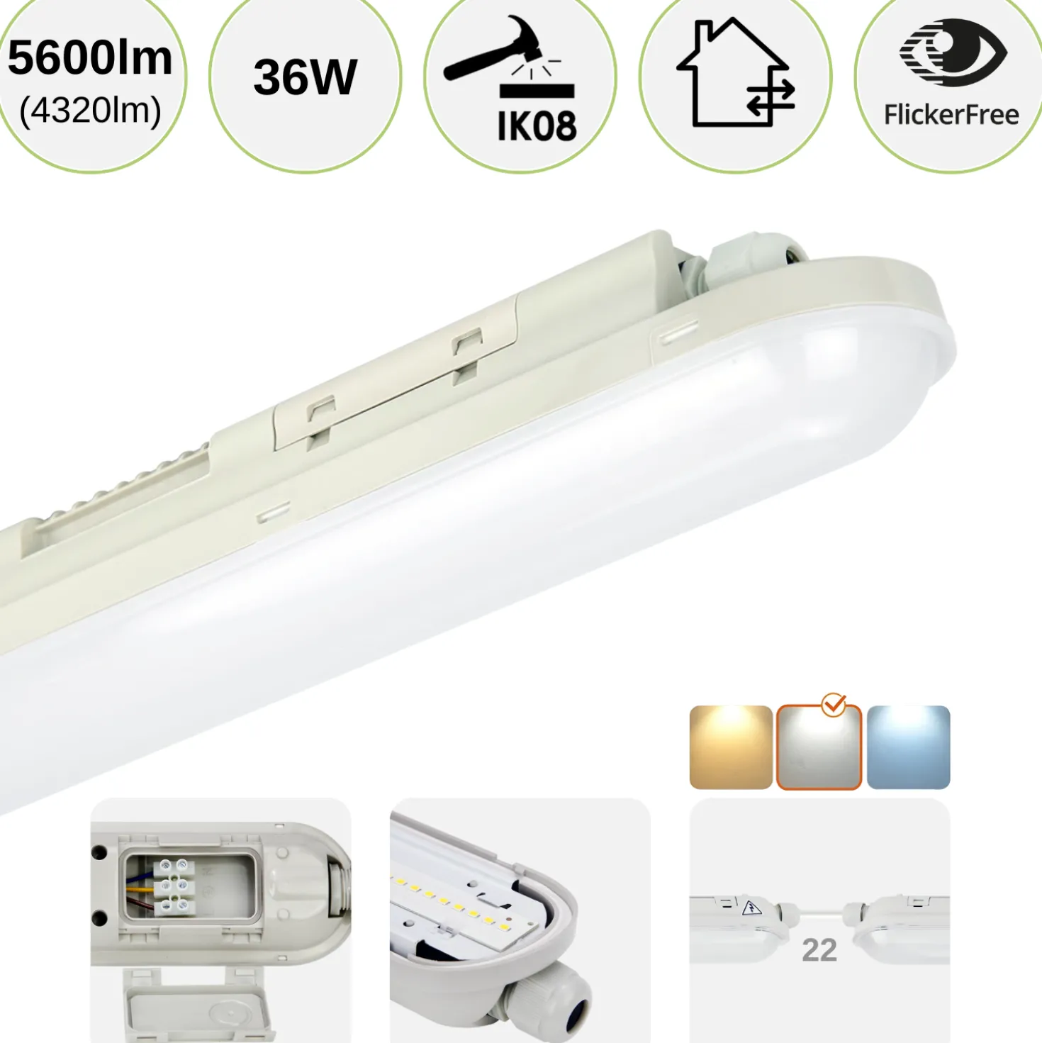 LED Armatur 120cm | 6-Pak | 4000K | 156lm/W | 36W | IP65 | SolidLine | Gennemfortrådet