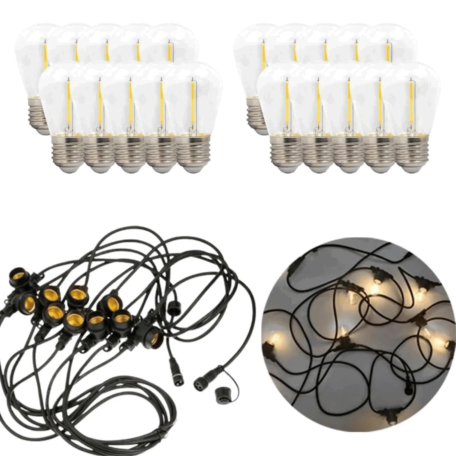 LED lyskæde med pærer | 20m | inkl. 20 stk. Filament Plast Pærer | 2700K