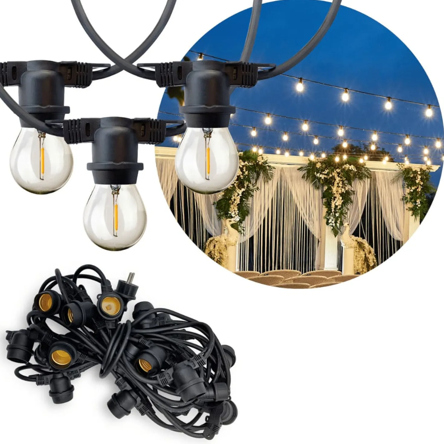 LED lyskæde med pærer | 10m | inkl. 20 stk. Filament Plast Pære | 2700K