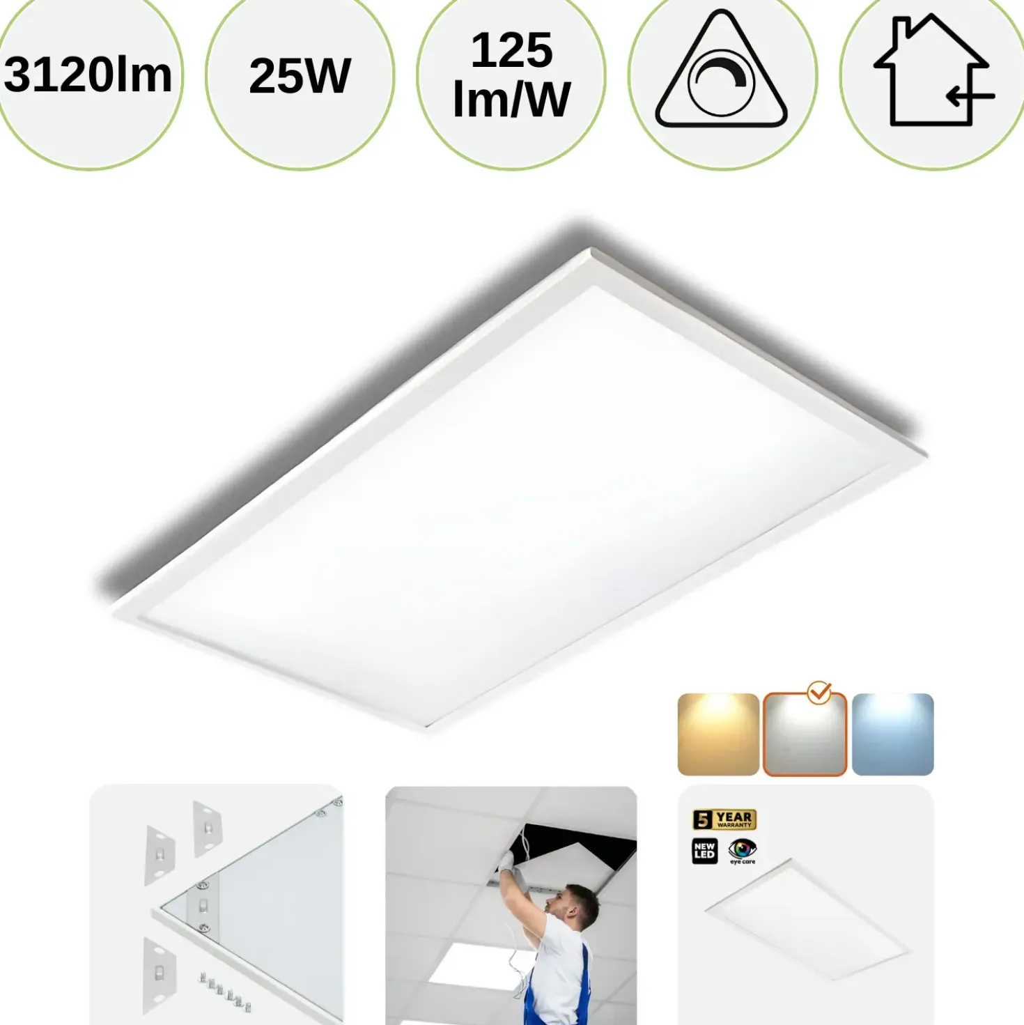 LED Panel 30x60 | 4000K | 3120lm | 25W | NELIO G2 | Inkl. Troldtektramme | Hvid