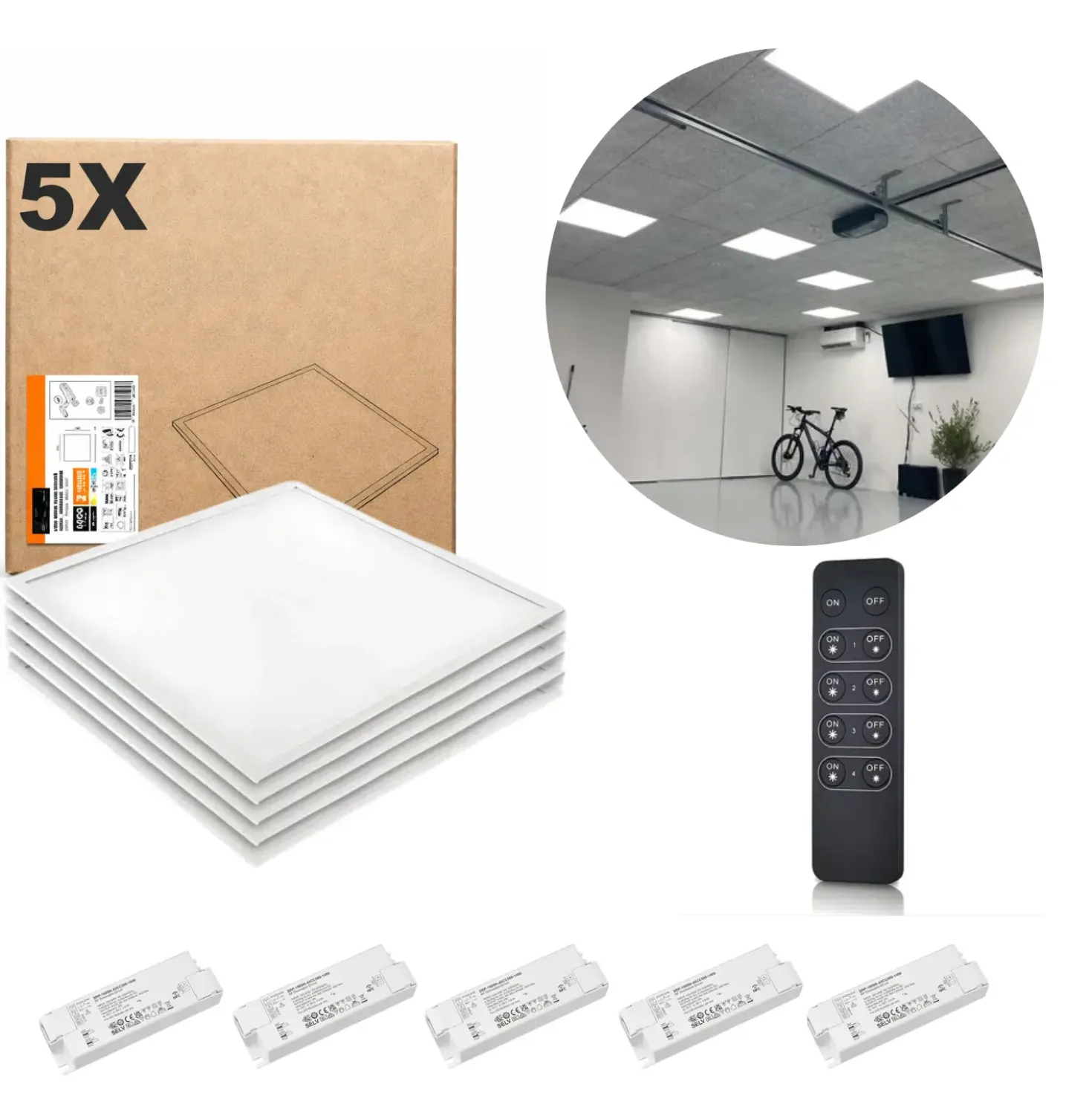 LED Panel 60x60 | 5-Pak | Dæmpbar | 3000K | 4000lm | 40W | Inkl. Remote | NIRA