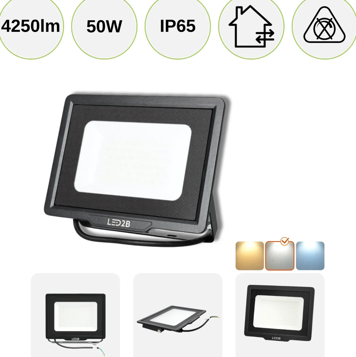LED projektør | 4000K | 4250lm | 50W | IP65 | LED2B MH | Sort