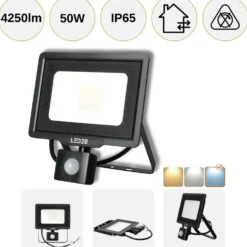 LED Projektør med Sensor | 6500K | 4250lm | 50W | IP65 | LED2B MHC | Sort