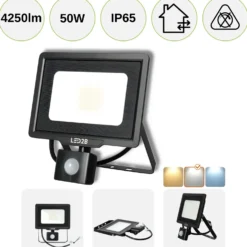 LED Projektør med Sensor | 4000K | 4250lm | 50W | IP65 | LED2B MHC | Sort