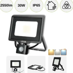 LED Projektør med Sensor | 4000K | 2550lm | 30W | IP65 | LED2B MHC | Sort