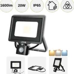 LED Projektør med Sensor | 4000K | 1600lm | 20W | IP65 | LED2B MHC | Sort