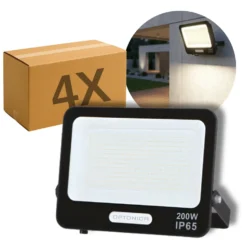LED Projektør | 4-Pak | 4000K | 200W | 18000lm | IP65 | Sort | Masser af lys
