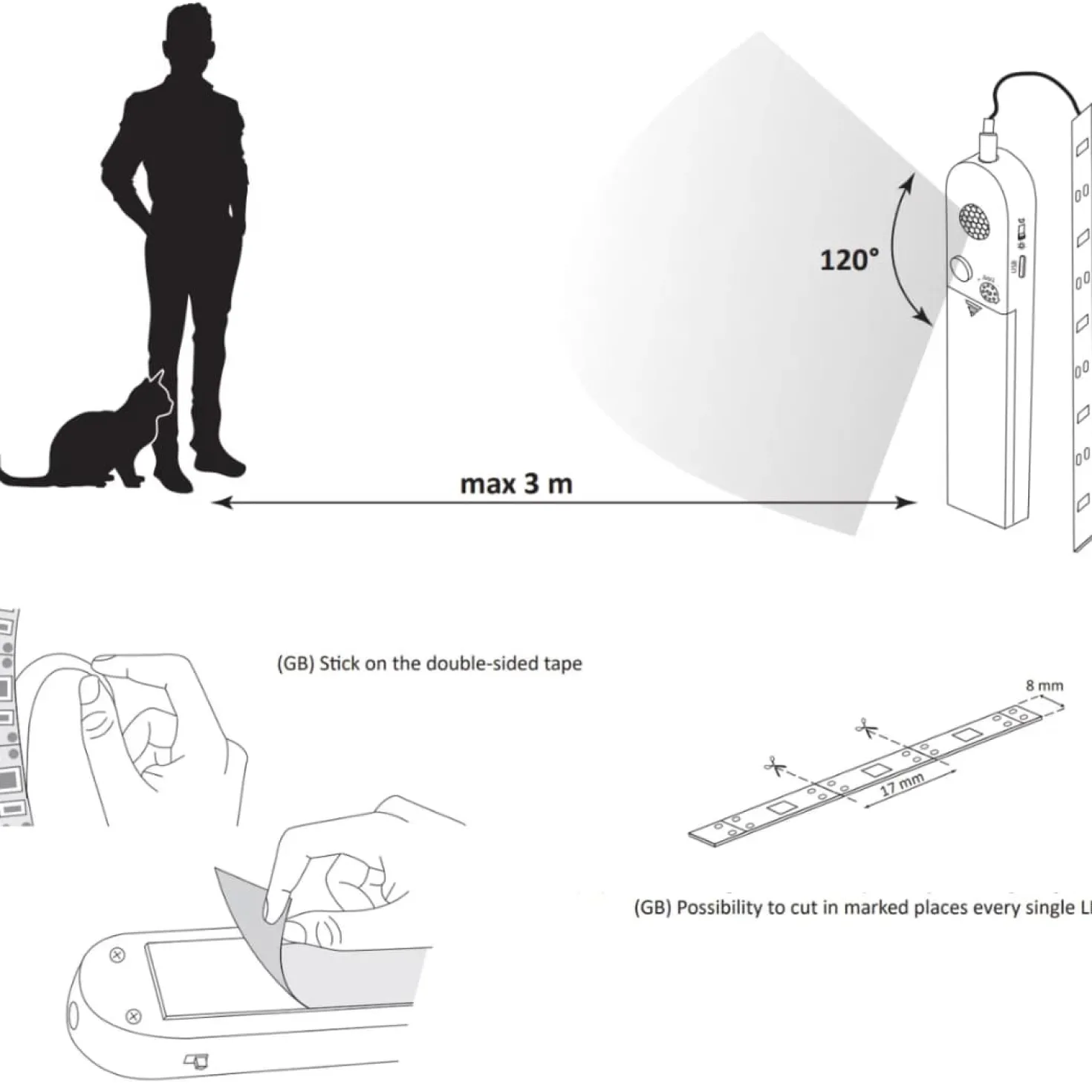 LED strip med sensor og batteri til skabe | 3m | 4000K