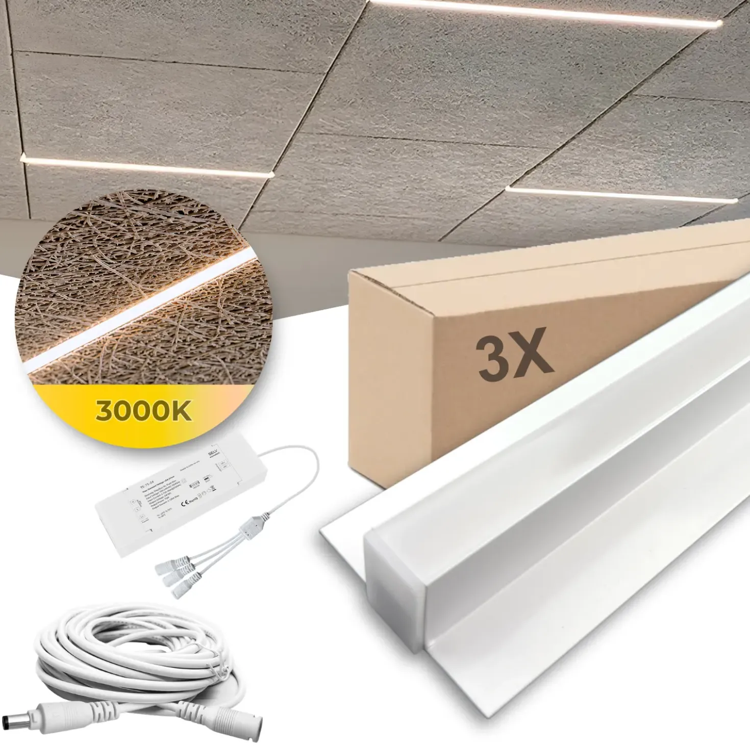 LED Troldtekt Skinner 60cm | 3 stk. Sæt | Inklusiv kabler, driver og 3-splitter | 3000K | PureLED | Hvid