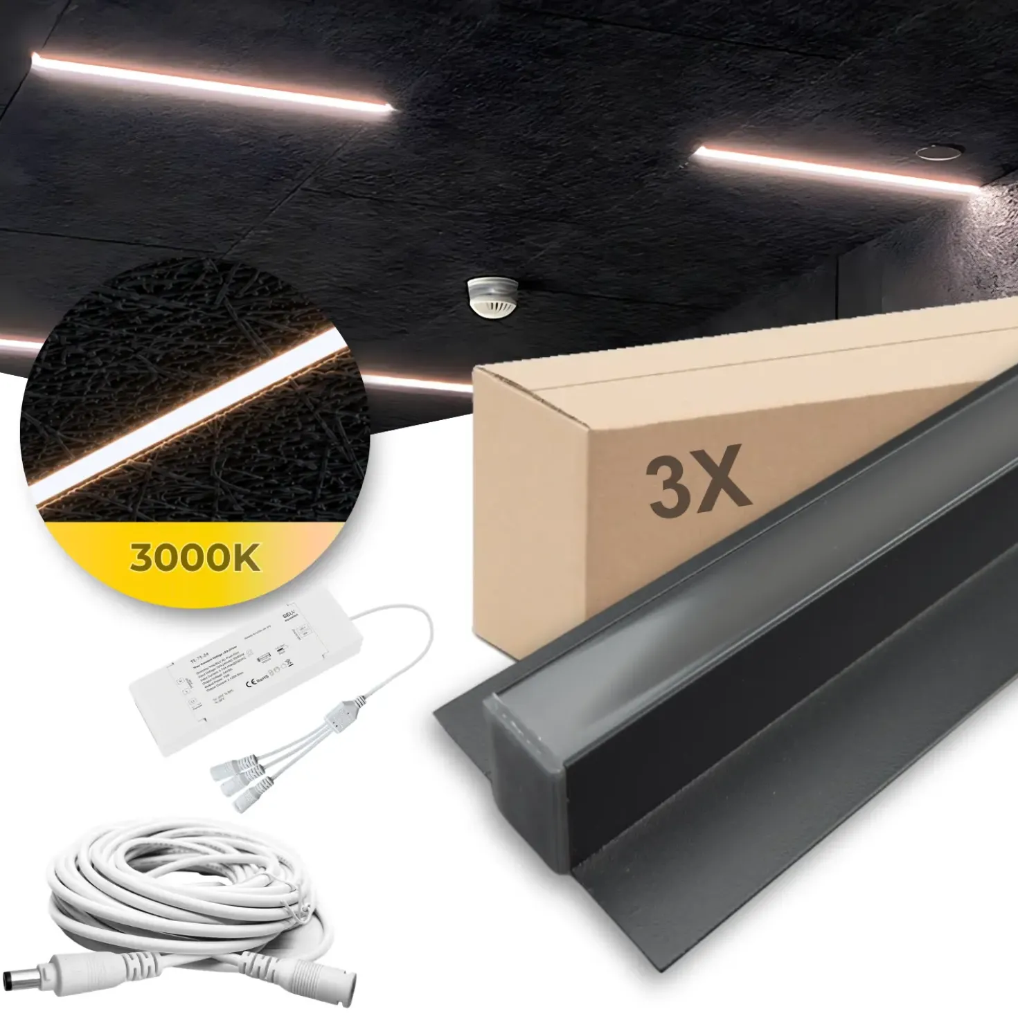 LED Troldtekt Skinner 60cm | 3 stk. Sæt | Inklusiv kabler, driver og 3-splitter | 3000K | PureLED | Sort
