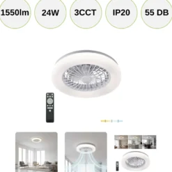 Loftlampe med Ventilator | 3CCT | 1550lm | 24W+15W | VENTELUX | Hvid