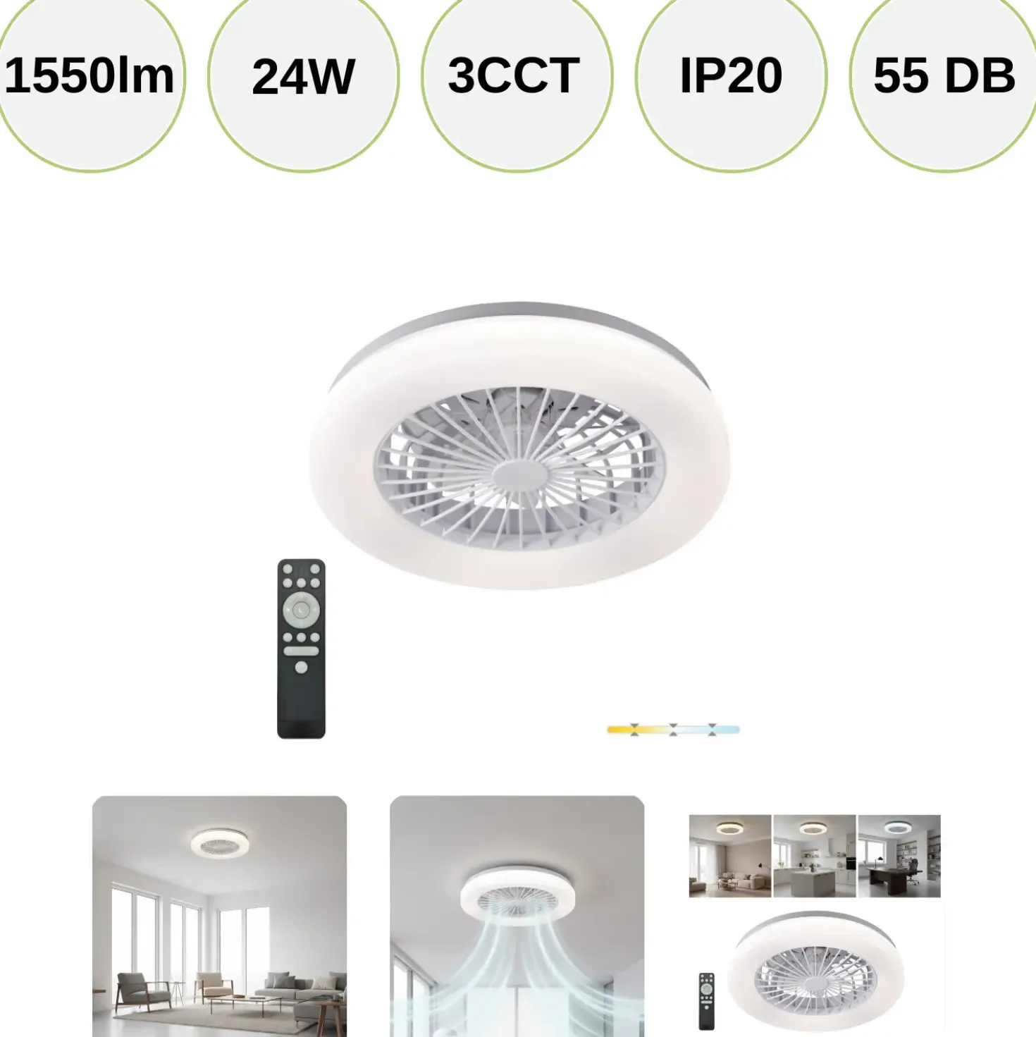 Loftlampe med Ventilator | 3CCT | 1550lm | 24W+15W | VENTELUX | Hvid