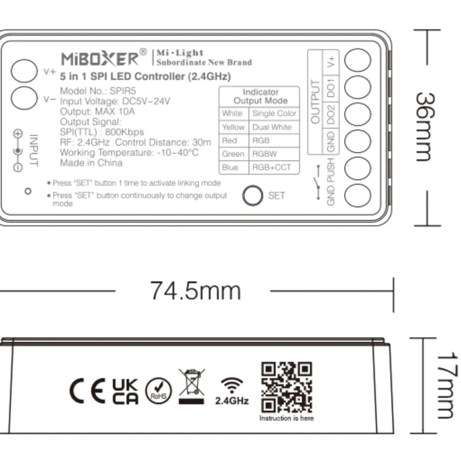 MiBoxer SPI LED Controller | 5i1 | 2.4Ghz | Hvid | SPIR5