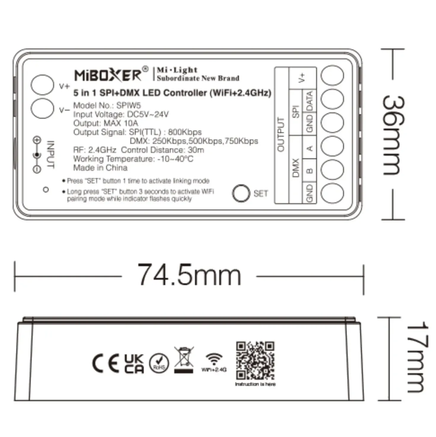MiBoxer SPI LED Controller | 5i1 | WiFi + 2.4Ghz | Hvid | SPIW5