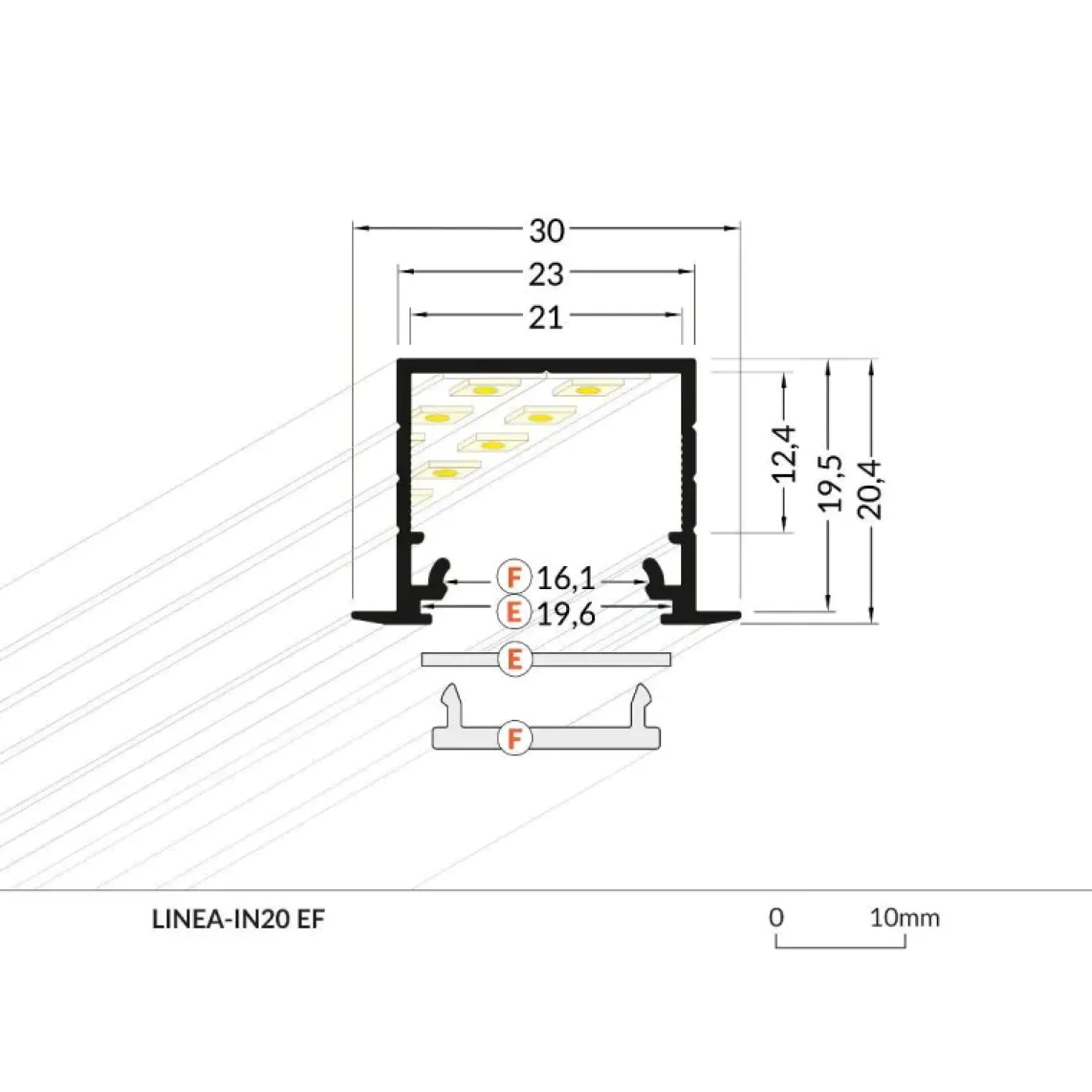 2m LED Skinne | 23x21mm | Hvid | Til Indbyg | Sæt