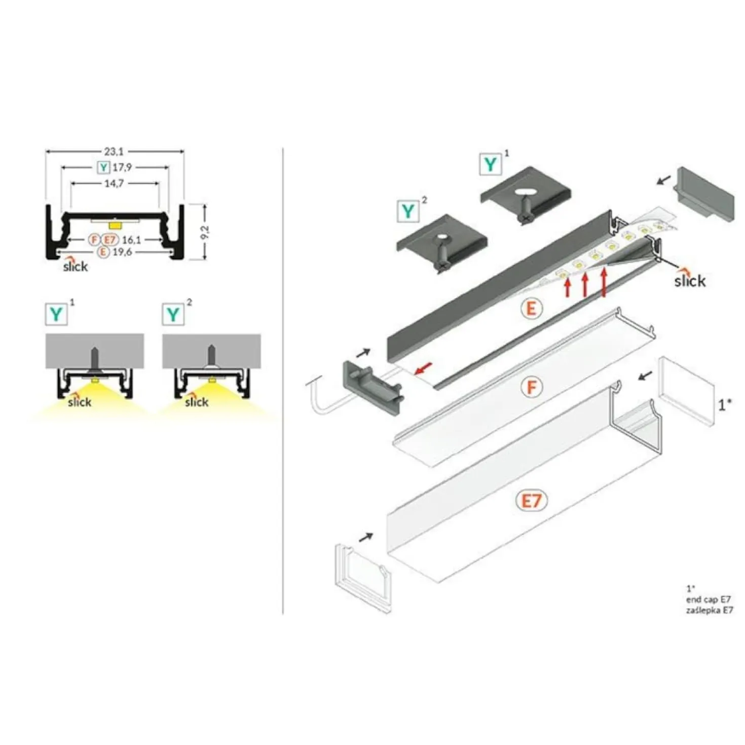 2m LED Skinne | 23x9mm | Sort | LED Profil til Påbyg | Sæt