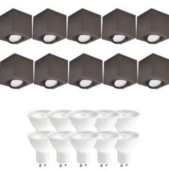 Påbygningsspots | 10 stk. pakke inkl. Gu10 3000K | Firkant | Sort | m. Kip | Indendørs | 230V