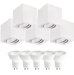 Påbygningsspots | 5 stk. pakke inkl. Gu10 3000K | Firkant | Hvid | m. Kip | Indendørs | 230V