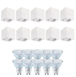 Påbygningsspots | 10 stk. pakke inkl. Gu10 3000K | Dæmpbar | Firkant | Hvid | m. Kip | Indendørs | 230V
