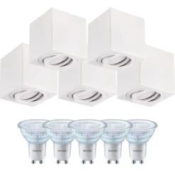 Påbygningsspots | 5 stk. pakke inkl. Gu10 3000K | Dæmpbar | Firkant | Hvid | m. Kip | Indendørs | 230V