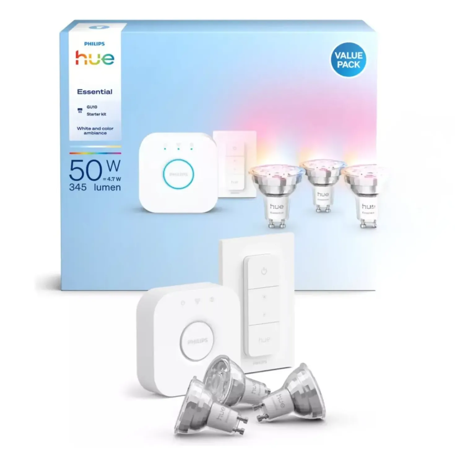 Philips Hue Essential GU10 Startsæt | White & Color Ambiance | Bridge + Switch | 345lm | 4.7W